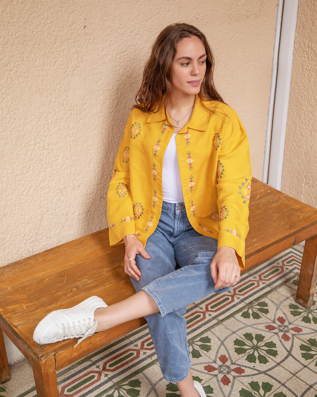 Embroidered Linen Summer Jacket Mustard Callista