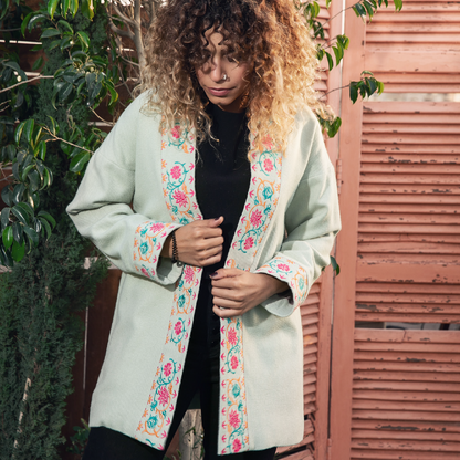 Embroidered Wool Coat - Mint Green