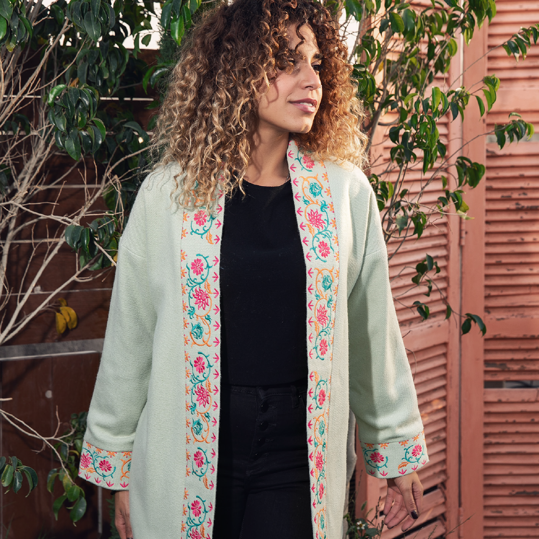 Embroidered Wool Coat - Mint Green