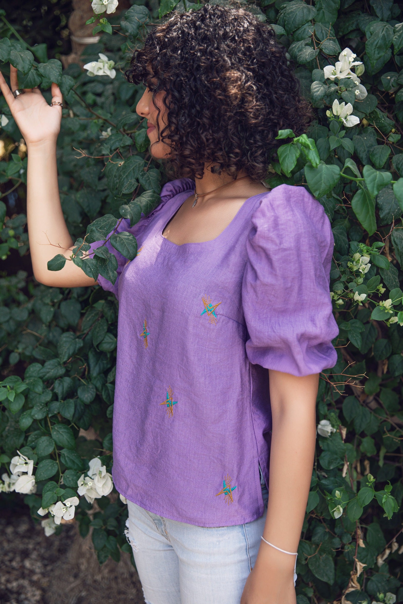 Purple Puff Sleeve Embroidered Top - Callista